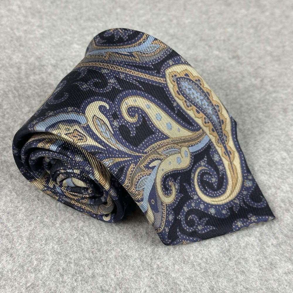 Etro Milano Paisley Silk Tie Navy Blue Gold Italy Designer Necktie 60x3.75"